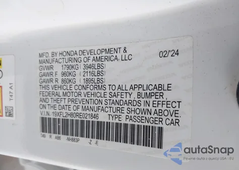 2024 Honda Civic Sport z USA, uszkodzony, nr VIN 19XFL2H80RE021846